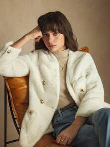 BizChic 2025 Automne/Hiver Manteau en fausse fourrure de vison à col en V, à double boutonnage avec boutons métalliques et poches latérales. Style vintage chic pour un look urbain et décontracté, idéal pour les fêtes de Noël, du Nouvel An, d'Action de grâce, les sorties, les mariages, les concerts, les brunchs et les voyages en avion.