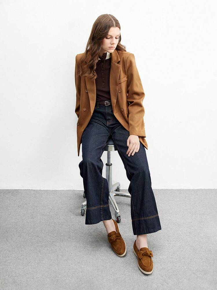 CUCCOO BIZCHIC Women's Fashion Brown Suede Bow Comfortable Casual Loafers, Suitable For Commuting, Outdoor, Travel, Shopping, Work, Daily Wear