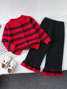 Girls Classic Colorblock Striped Knit Cardigan Sweater And Wide Leg Pants Set, Suitable For Christmas, Travel, Party, Comfortable For Home Wear Girls Sweater Sets Winter Young Girls Sets Red Two Piece Outfit Kids Two Piece Pants Set Kids Girl Knit Set - Red - View 3