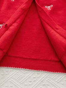 Elladie kids 4-7 Years Old Girls Red Knitted Cardigan, Featuring Elegant Black Bow Embroidery, Contrast Trim Design, Cute And Stylish For Holiday Celebrations Or Everyday Wear Fall Winter - Red - View 7