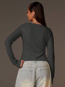 Athîral Top casual de mujer de color liso con cuello en V, patchwork de encaje y mangas raglán, ajuste ceñido - Gris Oscuro - Ver 4