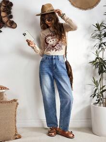 EMERY ROSE 女式宽松直筒口袋休闲百搭牛仔裤 - 藍色 - 查看 4