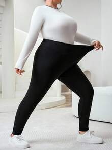 SHEIN CURVE+ 大码女式休闲纯色高腰加厚羊毛紧身裤，百搭日常通勤，秋冬装 - 黑與白 - 查看 7