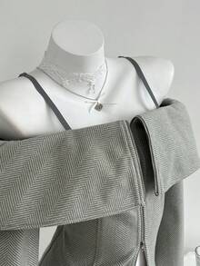 Elamini 1 Áo khoác nữ trễ vai màu xám, dây kéo kép, eo, thích hợp mặc hàng ngày, đi làm, thường ngày, Thu/Đông - Xám - Xem 1