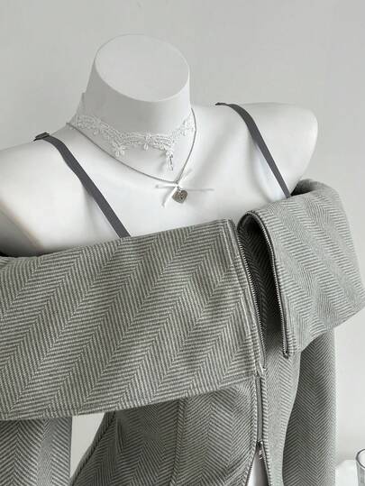 Elamini 女士灰色露肩吊带双拉链腰部外套，适合日常、通勤、休闲穿着，秋冬季款。