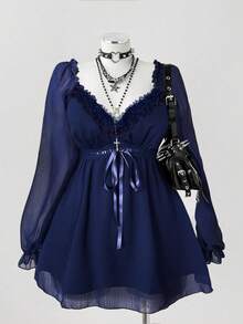 Sunspun Áo cánh thời trang thanh lịch tay dài cổ tim ren tương phản cỡ lớn dành cho nữ - Màu xanh hải quân - Xem 2