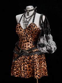 Sunspun Vestido curto justo com estampa de leopardo e plush, elegante e moderno - Multicolorido - Ver 2