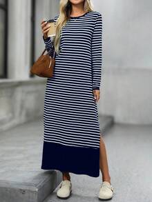 Đầm dài tay cổ tròn kẻ sọc Colorblock dành cho nữ - Màu xanh hải quân - Xem 3