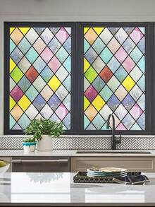 1 Roll Retro Diamond Window Decorative Film, Rainbow Grid Static Cling Privacy Film, Non-Adhesive UV Blocking, For Home Decor, Size 17.7 X 118 Inch - 彩色 - 查看 18