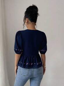 Rafferiza Áo cánh mùa hè in họa tiết hoa cổ chữ V lãng mạn thanh lịch dành cho nữ - Màu xanh hải quân - Xem 2