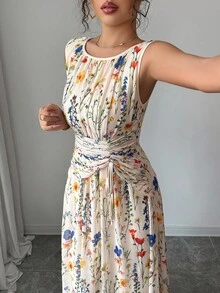 Rafferiza Đầm chữ A không tay cổ tròn phối lưới họa tiết hoa thanh lịch dành cho nữ, eo thắt eo - Màu be - Xem 5