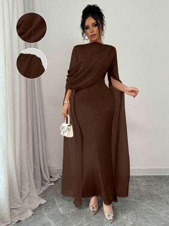 Rafferiza Petite Elegant Gathered Waist Bodycon Oblique Shoulder Ruched Sheer Flowy Sleeve Split Dress, Knit Stretchy Red Women's Gown For Autumn/Winter Party, Banquet, Event