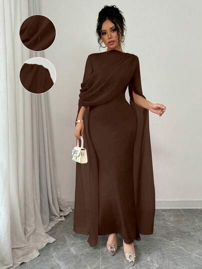 Rafferiza Petite Elegant Gathered Waist Bodycon Oblique Shoulder Ruched Sheer Flowy Sleeve Split Dress, Knit Stretchy Red Women's Gown For Autumn/Winter Party, Banquet, Event