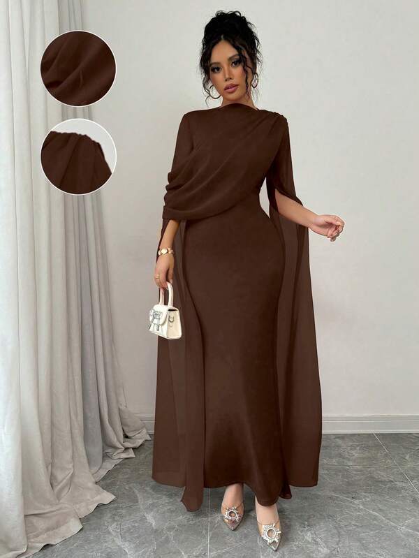 SHEIN PETITE 优雅收腰紧身斜肩褶饰透明飘逸袖开叉连衣裙，针织弹力红色女式礼服，适合秋冬派对、宴会、活动