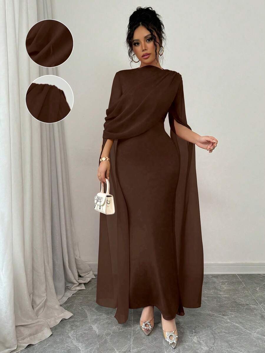 SHEIN PETITE 优雅收腰紧身斜肩褶饰透明飘逸袖开叉连衣裙，针织弹力红色女式礼服，适合秋冬派对、宴会、活动