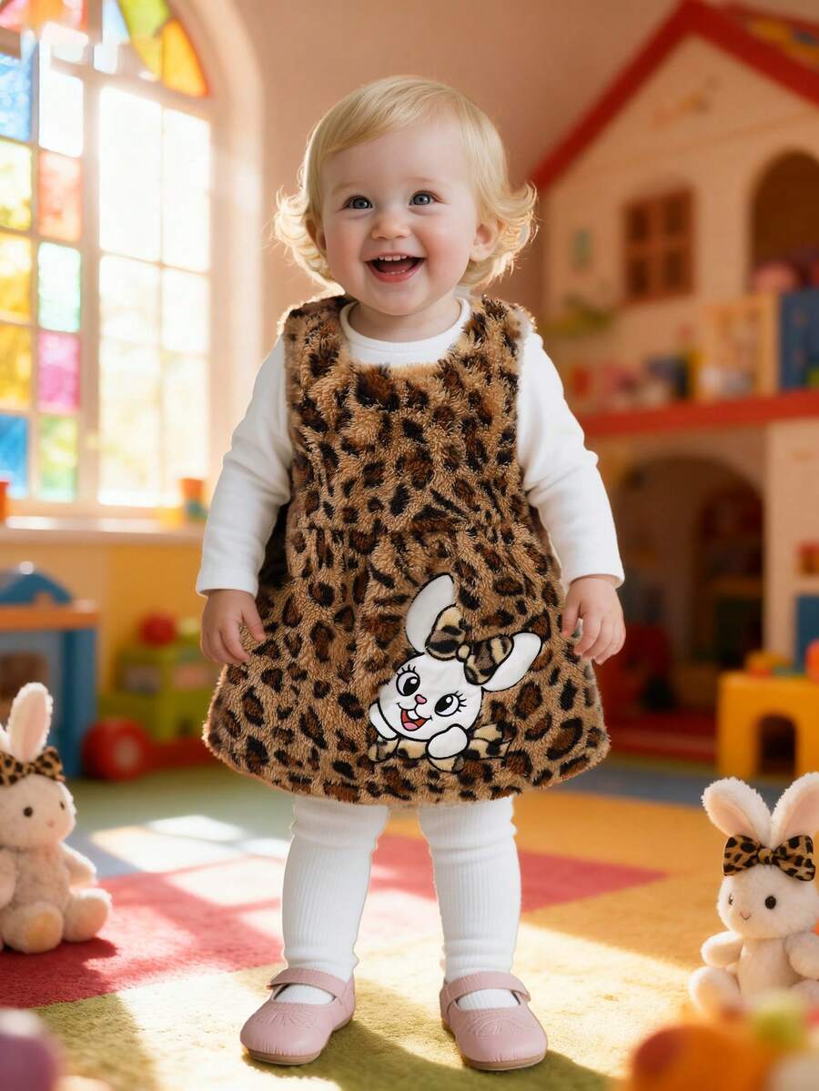 SHEIN Toddler Girls' Cute Leopard Plush Dress, Embroidered Rabbit Pattern Dress With Long Sleeve T-Shirt Combo, Back To School Outfit - Khaki - View 1