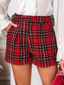 SHEIN Clasi Quần short kẻ caro Giáng sinh thời trang dành cho nữ - Màu Đỏ Sâu - Xem 4
