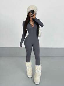 Women's Streetwear Solid Color Long Sleeve Half Zip Jumpsuit, Autumn - Grey - View 3
