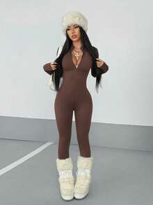 StreetHx Women's Streetwear Solid Color Long Sleeve Half Zip Jumpsuit, Autumn