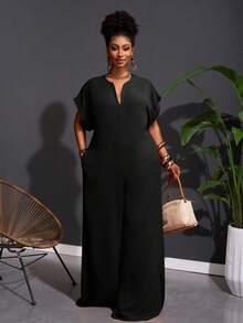 Veslaya Bộ đồ liền thân ống rộng tay ngắn cổ chữ V màu sô cô la thanh lịch mới 2025, cỡ lớn dành cho nữ, mùa hè - màu đen - Xem 10