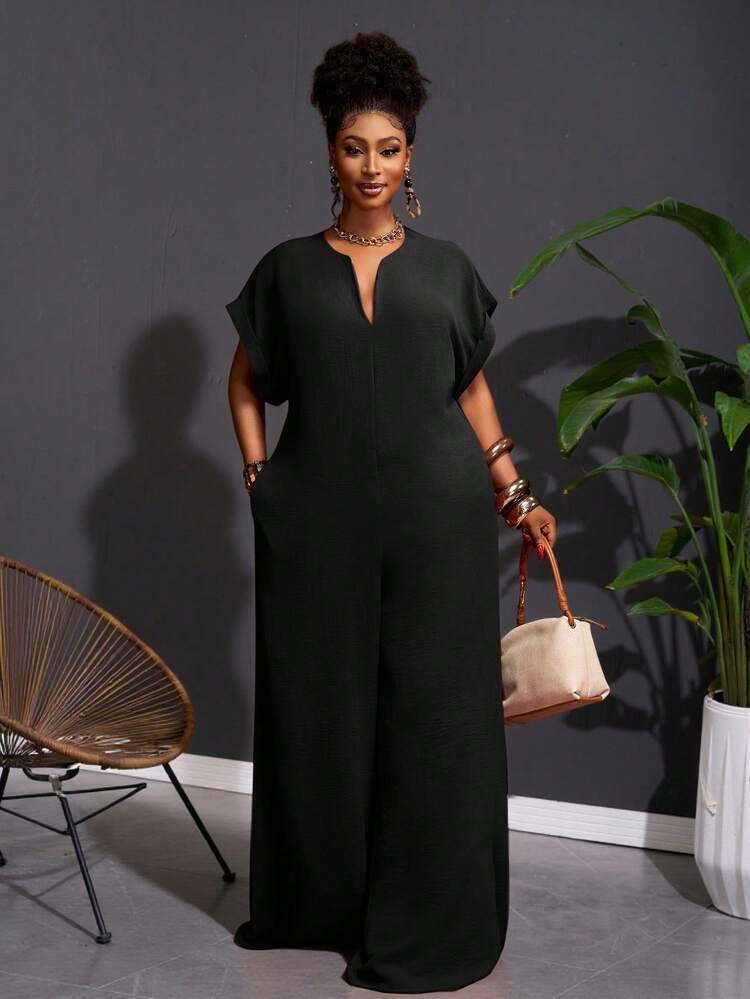 Veslaya 2025 New Vintage Elegant Chocolate V-Neck Short Sleeve Wide Leg Jumpsuit, Plus Size Women, Summer - Black - View 10