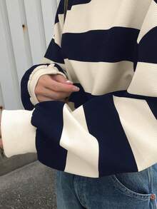 FRIFUL 女式休闲落肩条纹宽松T恤，秋季 - 藏蓝色 - 查看 5