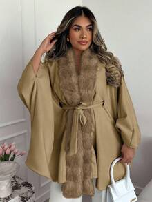 Lyxana Áo choàng Poncho buộc cổ lông giả cao cấp cổ điển dành cho nữ, mùa thu/đông - Màu Khaki - Xem 6