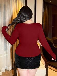 Vibekara 大码蕾丝拼接深V领长袖二合一短款上衣，性感迷人