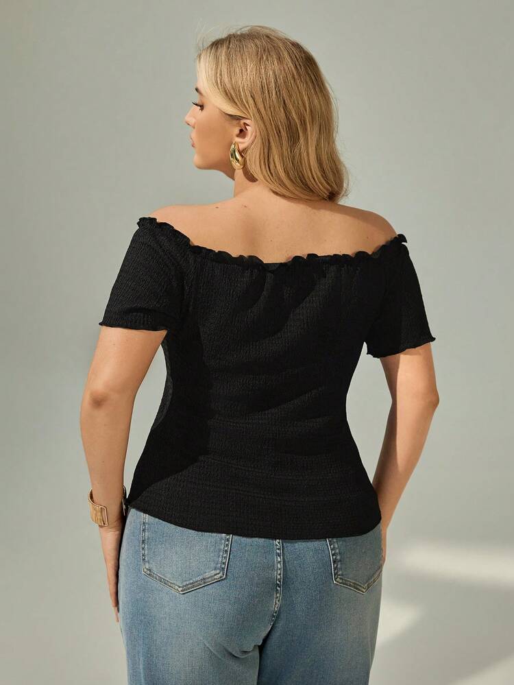 Auralis Camiseta elegante con volantes en los hombros para mujer de talla grande - Negro - Añade 2