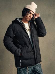 AXEPEAK Men's Letter Graphic Zip-Up Casual Loose Fit Hooded Long Sleeve Coat, Winter - Black - View 5