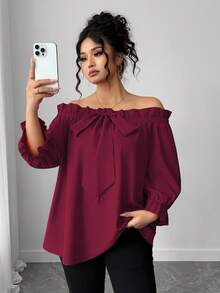 Elenzga Áo cánh trễ vai tay lửng thời trang đơn giản cỡ lớn dành cho nữ, đa năng khi đi làm hàng ngày, thanh lịch và thời trang - Màu Đỏ Sâu - Xem 1