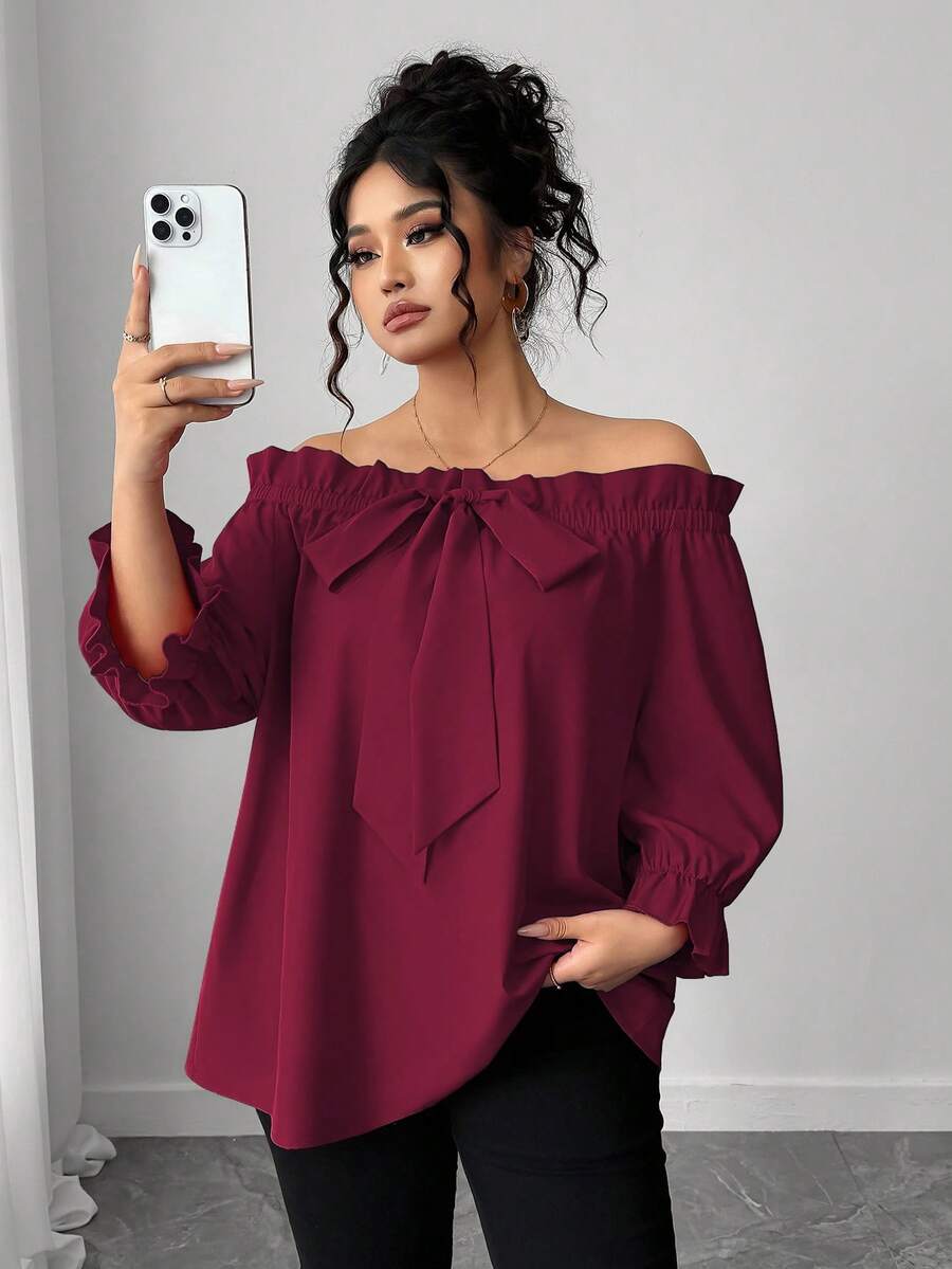 Elenzga Áo cánh trễ vai tay lửng thời trang đơn giản cỡ lớn dành cho nữ, đa năng khi đi làm hàng ngày, thanh lịch và thời trang - Màu Đỏ Sâu - Xem 1