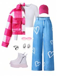 3 Stücke/Set Tween Mädchen Enges Langarm Rundhalsausschnitt Top + kurzer Kragen karierter Wollmantel Jacke + süßer Herz Muster schmale Hose mit hoher Taille, geeignet für Herbst/Winter Alltagsoutfit - Verschiedenfarbig - Übersicht 1