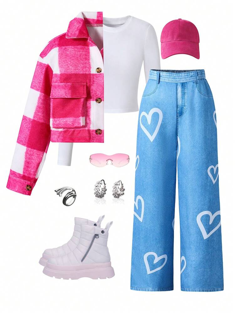 3 peças/Conjunto Ajuste Justo para Meninas Pré-Adolescentes Top de Manga Longa Branca de Gola Redonda + Jaqueta Curta de Lã Xadrez + Calça Azul Slim de Cintura Alta com Estampa de Coração, Adequado para Uso Diário no Outono/Inverno - Multicolorido - Visão 1