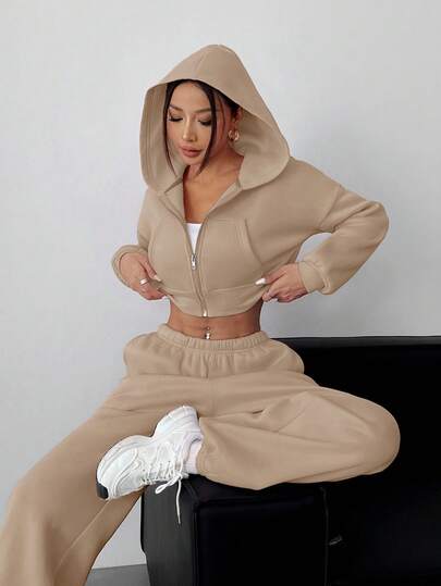 SHEIN EZwear Conjunto de chándal informal de punto color caqui para mujer