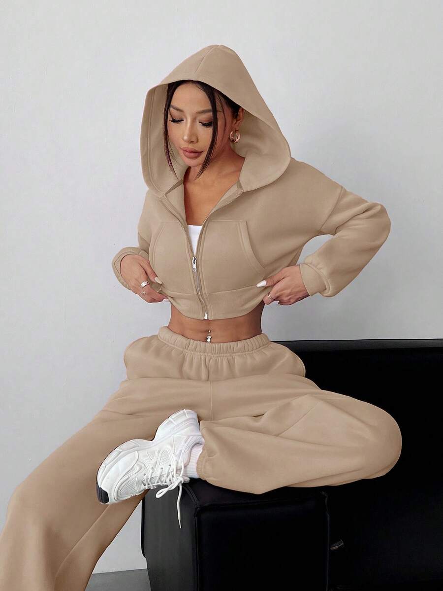 SHEIN EZwear Bộ đồ thể thao thường ngày bằng vải kaki dệt kim dành cho nữ - Màu Khaki - Xem 1