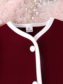 SHEIN Elladie kids 两件套少女时尚白色纽扣黑色长袖假口袋外套，搭配舒适的秋冬两合一半裙套装 - 酒紅色 - 查看 7