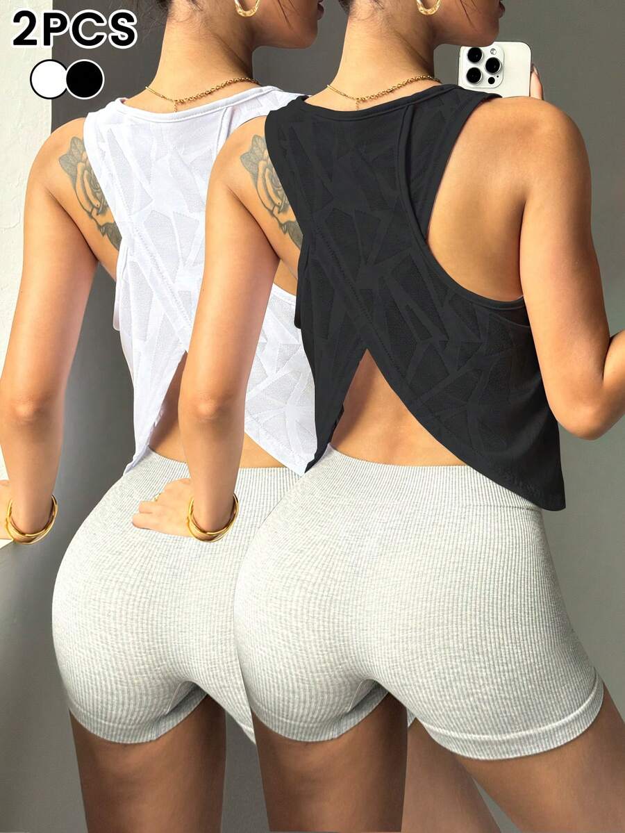 Dewbera 2 件女式无袖圆领运动上衣，提花面料，交叉镂空后背设计，宽松版型，适合日常休闲穿着、跑步、瑜伽、健身、网球等，春夏季 - 彩色 - 查看 1