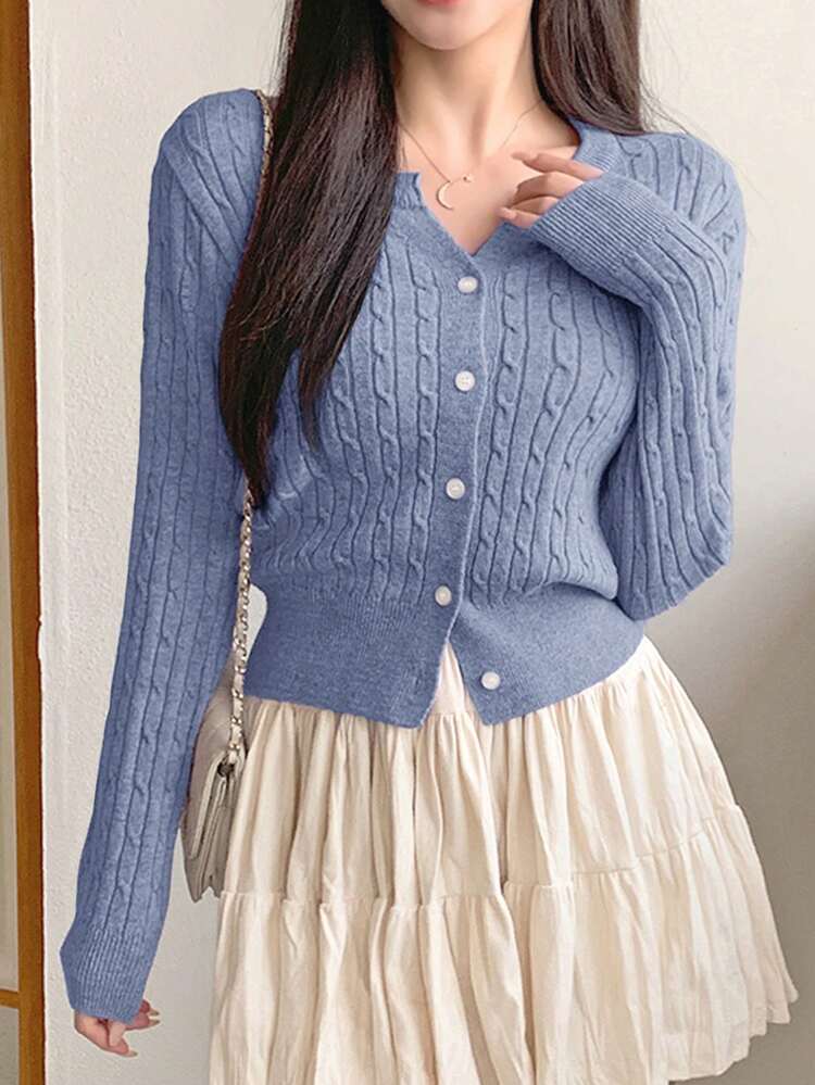 DAZY Women Casual Solid Color Cable Knit Fitted Cardigan, Autumn