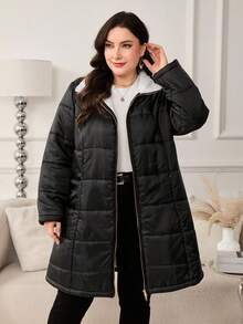 Ellevyn 女士加大码羽绒服，黑色条纹，带口袋，金属拉链，适合秋冬季节穿着。 - 黑色 - 查看 6