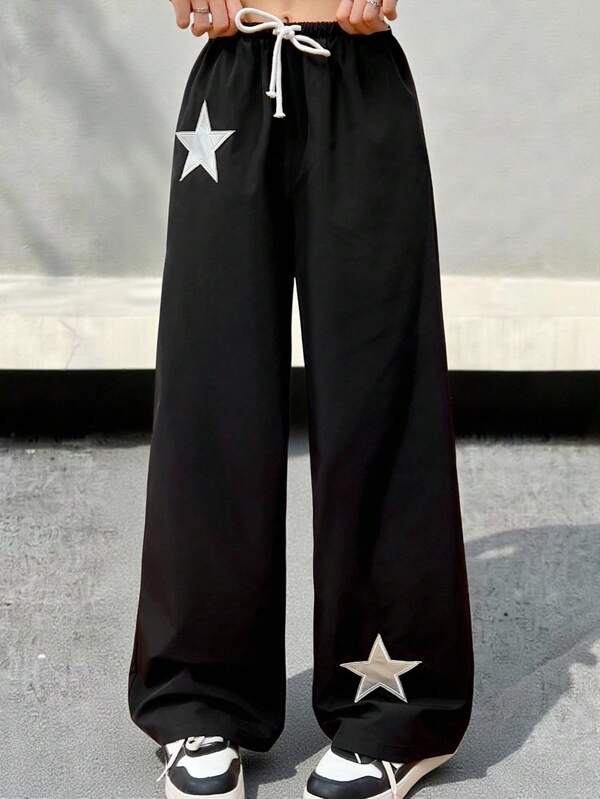 SHEIN Teen Girls Black Star Patch Contrast Drawstring Woven Casual Wind Pants, Street Sporty Versatile Trousers
