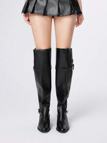 ROMWE Goth Women's Thigh High Boots 2025 New Fashion Autumn Winter Pointed Toe Thick Heel PU Leather Black Dual-Wear Buckle Strap Riding Boots For Christmas - Black - View 2