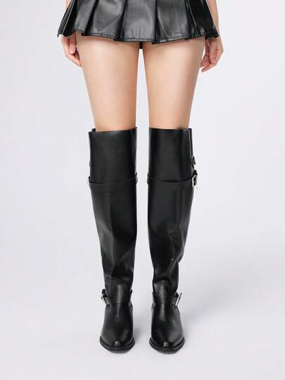 Goth Women's Thigh High Boots 2025 New Fashion Autumn Winter Pointed Toe Thick Heel PU Leather Black Dual-Wear Buckle Strap Riding Boots