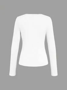 女式休闲纯色基本款羊毛 V 领 T 恤 - 白色 - 查看 2