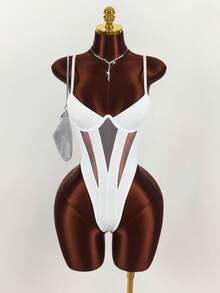 Y2K Amplova Women's Solid Color Minimalist Casual Bodysuit, Autumn/Winter Thanksgiving And New Year Party Dress - White - View 3