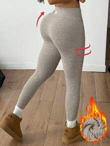 Coolane Damen Herbst/Winter Streetwear Lässig Minimalistisch Basic Alltagskleidung Rippenstruktur Strick Dehnbar Bequem Beige Fleece Leggings/Strumpfhosen - Aprikosenfarben - Übersicht 1
