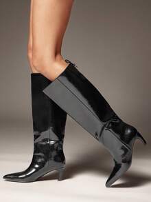 SHUZIA Damskie, minimalistyczne, klasyczne, szykowne, seksowne, szpiczaste noski, zimowe, dzikie, sięgające do kolan buty na obcasie typu kociak - Czarne - Zobacz 4