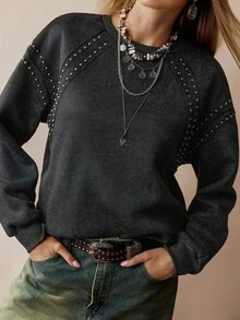 Florisole 女式优雅休闲铆钉仿旧印花运动衫 - 深灰色 - 查看 3