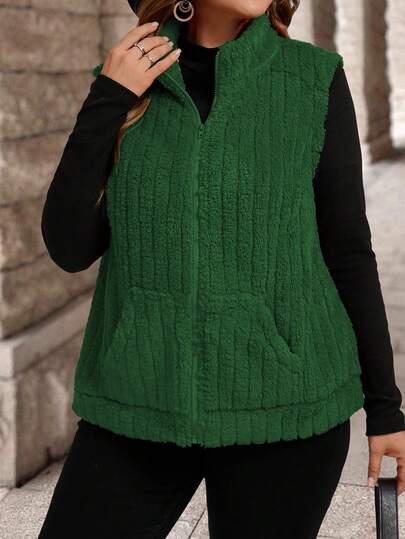 Cárdigan de felpa con cuello alto y cremallera sin mangas, talla grande, informal, adecuado para otoño/invierno y ropa de Año Nuevo