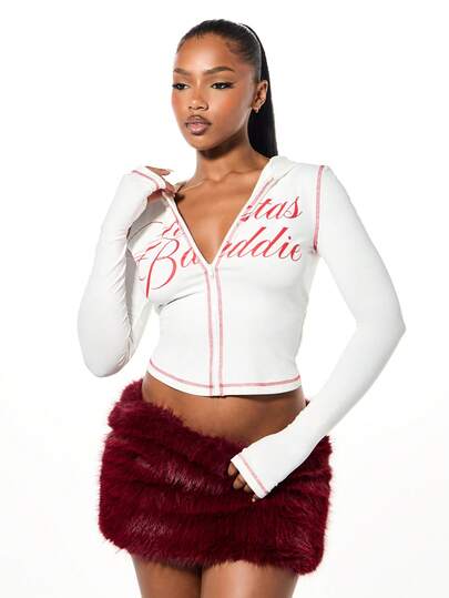 SUMWON WOMEN Christmas Hooded Zip Through Graphic Hoodie Jacket With Pink Contrast Stitching Details For Casual Winter Layering